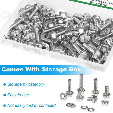M6 Flanged Hex Head Bolts Kit, 20mm Length, 304 Stainless Steel Hardware Set with Nuts and Washers in Storage Box