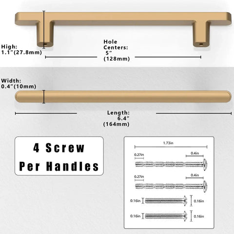 Technical diagram of Champagne Bronze Cabinet Pulls 5 Inch 128mm 10 Pack Solid Zinc Alloy Drawer Handles with dimensions and screws.