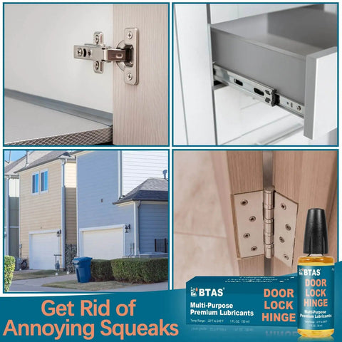 Collage of door lock and hinge lubricant oil with needle oiler for squeaky keyholes shown with hinges and locking mechanisms.