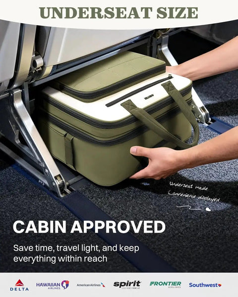 Rolling Puffer Laptop Bag for Women With Wheels under airplane seat, showing its compact, water-resistant design and handle