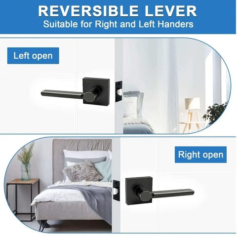 8 Pack Black Heavy Duty Passage Door Levers For Closets Hallways And Conference Rooms Non Locking Square Interior Door Handles Reversible Left And Right Hand With Adjustable Latch shown installed in bedroom