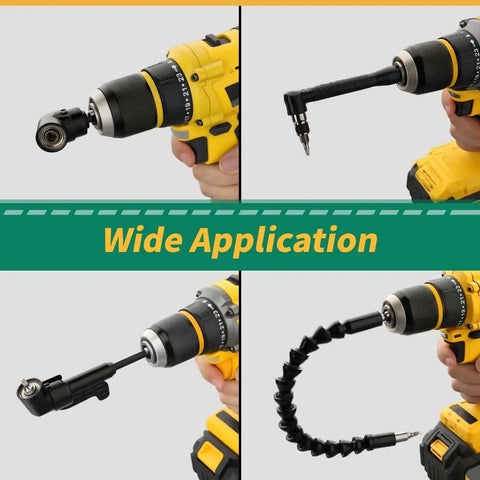 Flexible Drill Bit Extension Kit With 19 Pcs And 105 Degree Right Angle Attachments GRENPRO in use on drill