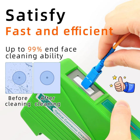 Cruiser optical fiber connector cleaner cassette, green body with blue cleaning tip; before/after cleaning panels.