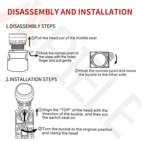 Disassembly and installation guide for 22mm Latching Push Button Switch With Green LED Metal Head Plastic Body 110V AC DC 1NO 1NC DPST