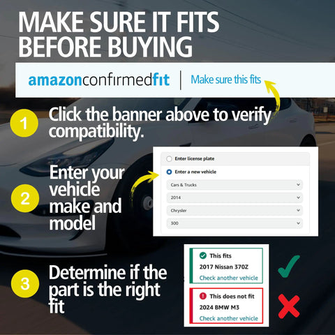 Instructions on Amazon Confirmed Fit: verifying vehicle part compatibility by entering car model and checking fit.