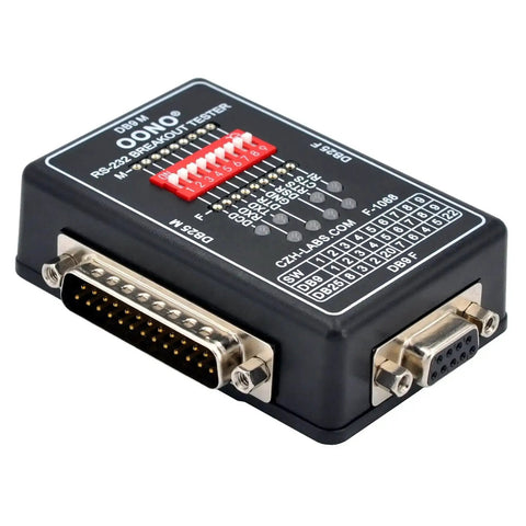 RS232 Breakout Tester LED Monitor Module with DB9 Male and DB25 Female connectors for serial data link debugging.