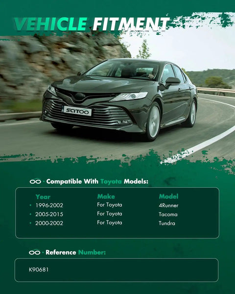 SCITOO 2pc suspension kit: green Toyota sedan angled front view on curved road with vehicle fitment chart.