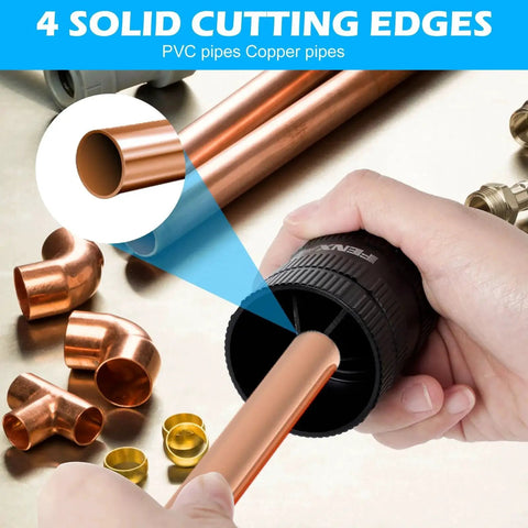 Hand using heavy duty deburring tool for copper and PVC pipes, pipe reamer with sharp inner and outer reamers, black metal casing.
