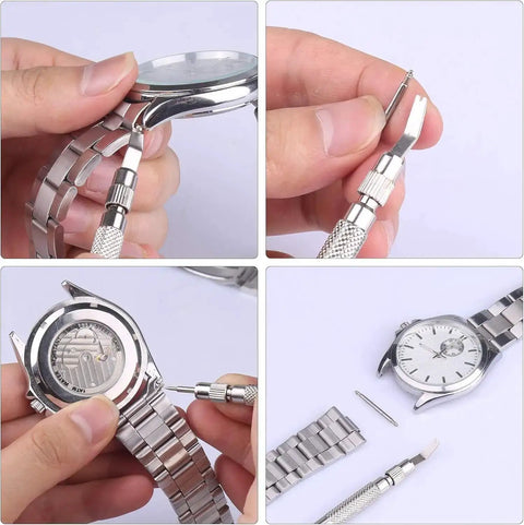 Watch Band Link Pin Remover And Repair Tool Kit, 24 In 1 Set With 6 Extra Tips, 20 Cotter Pins, shown in use on a watch band.
