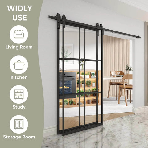 Installed Bypass Double Glass Barn Door 84 By 84 Inches With 7.5 Foot Side Mounted Hardware Kit, black aluminum frame.