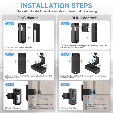 Installation instructions for doorbell mount using adjustable no drill bracket, compatible with Ring and Blink video doorbells.