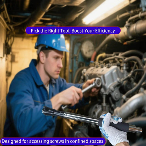 Mechanic using Offset Wrench Extender For 1/2 Inch Drive Impact Wrench in engine bay, showing heavy-duty ratchet extension for tight spaces.