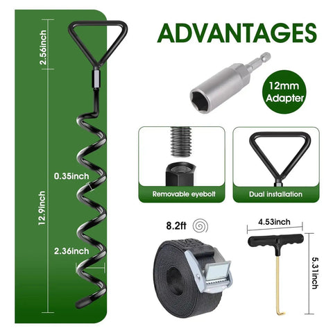 Diagram of Beefy Heavy Duty Trampoline Ground Anchors 4 Pack With Straps Screw In Stakes For Windy Yards Easy Drill Or Manual Install