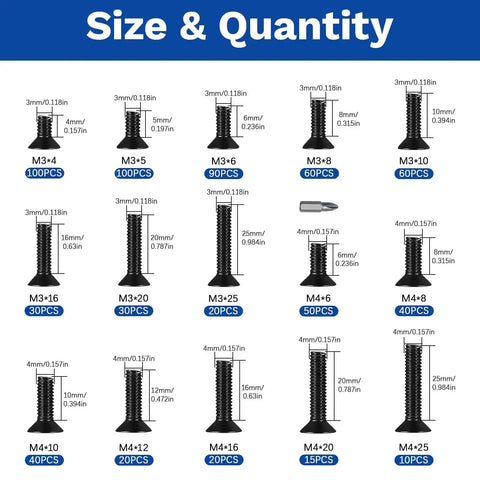 Massive M3 And M4 Countersunk Screws Kit For DIY Projects And Electronics Includes 430 Piece Assortment with screw sizes displayed.