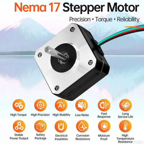 Nema 17 Stepper Motor 1.8 Degree 2 Phase High Torque 0.13 Nm Bipolar 4 Wire Pancake Style with icons and features displayed