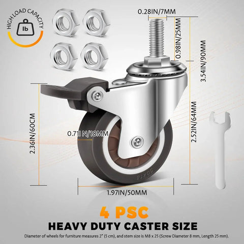 2 Inch Stem Casters Wheels Set Of 4 With Dual Locking For Cart And Furniture M8 X 25 Mm Threaded Swivel Castors Heavy Duty 880 Lbs Capacity Universal 2 Inch Wheels Smooth Silent Movement, showing dimensions and nuts