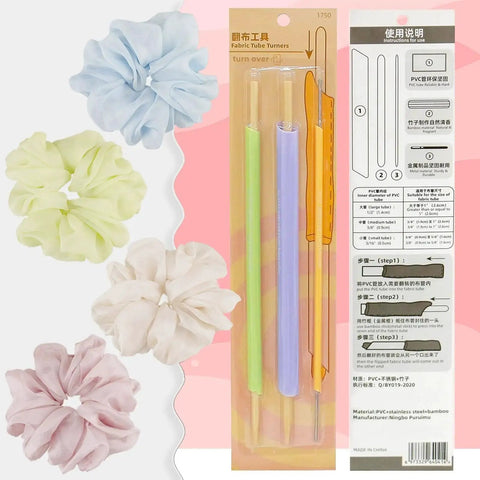 Quick Turn Fabric Set For Sewing Tubes, 3 Piece Assorted Size Tube Turners Made Of Wood Plastic And Metal, packaging and tools.