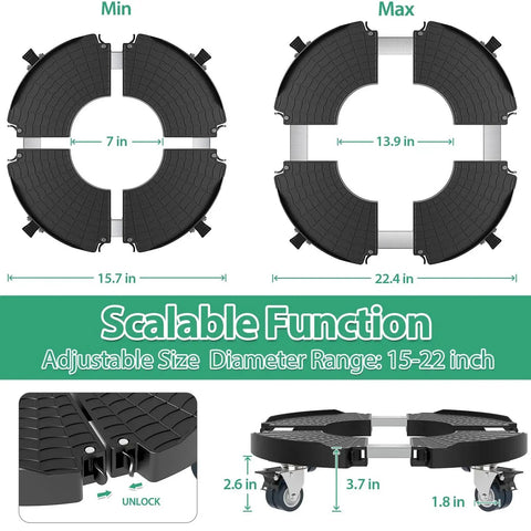 Diagram showing Lockable Wheel Plant Caddy Heavy Duty 450 Pounds Capacity with adjustable 15-22 inch rolling base and lockable wheels