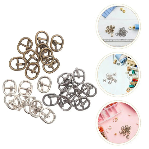 150 Pcs Miniature Alloy Buckles for Doll Clothes and DIY Projects in silver, gunmetal, antique brass, displayed on craft table.