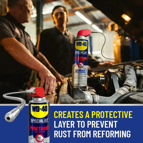 Penetrant With 8 Inch EZ Reach Flexible Straw Pulls Rusted Nuts Loose And Frees Stuck Bolts, Deep Penetration, 13.5 Oz can in workshop.