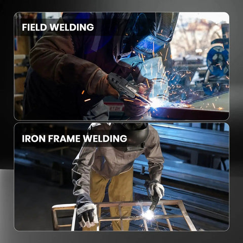 Two images showing field and iron frame welding using Ergonomic 600 Amp Copper Welding Stinger Electrode Holder With Multi Angle 90 Deg 135 Deg 170 Deg For Stick Welding Heavy Duty One Finger Operation SSimder Ergonomic Grip Reduces Hand Fatigue For Long Welding Sessions Beefy Copper Contact.