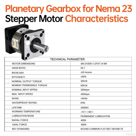 50 To 1 Planetary Gearbox For Nema 23 Stepper Motor With 20 Arcmin Backlash Input Shaft 8mm Output Shaft 14mm with specifications