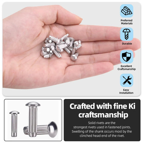 Hand holding solid aluminum rivets with knurled shanks, semi-round head design, ideal for DIY, home, and outdoor projects.
