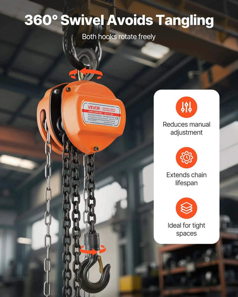 Close-up of 1 Ton Hand Chain Hoist With 10 Ft Lift Galvanized G80 Chain Heavy Duty Manual Pulley Hoist for garage use.