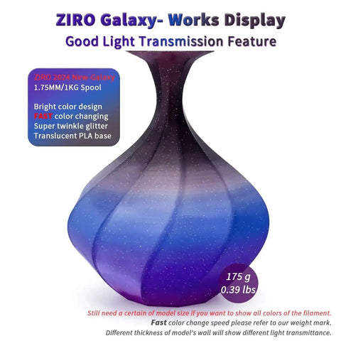 Image of a vase 3D printed using Fast Color Changing Twinkling Glitter PLA Filament 1.75mm 1kg, showcasing a colorful translucent galaxy appearance.