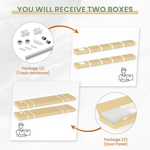 Packaging for Sliding Closet Door 112x80 Inches Bypass Frosted Glass 3 Lite with hardware kit and door panel boxes.