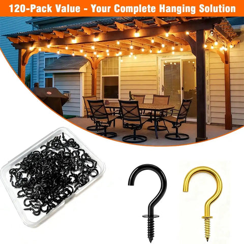 120-pack of black and gold Half Inch Small Screw Hooks Set 120 Pcs Rust Resistant Coated Steel Mini Twist In Hooks for indoor outdoor use