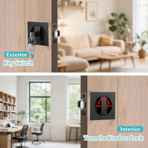 Pocket Door Lock With Key Matte Black Privacy Latch For Sliding Bifold Doors Fits Standard 1 Inch Holes Ideal For Bathroom And Bedroom Easy Install Durable Rust Resistant Hardware installed on door, showing interior and exterior views with key and knob.
