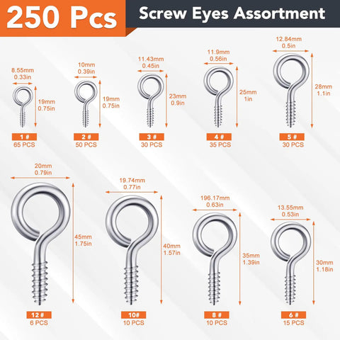 Heavy Duty Eye Hook Screws 0.75 To 1.75 Inches 250 Pcs Nickel Plated Screw Eyes Assortment with sizes and quantities