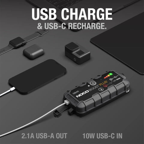 1000 Amp UltraSafe Jump Starter Lifesaver With Power Bank And Cables For 6L Gas And 3L Diesel Engines Portable 12V Lithium Booster NOCO Boost GB40 with USB-C connection and smartphone charging.