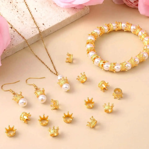 Gold Mini Crown Charms 100 Pieces, 3D Vintage Alloy Queen King Crowns Beads With Large Hole for Jewelry Making, necklace, bracelet displayed.