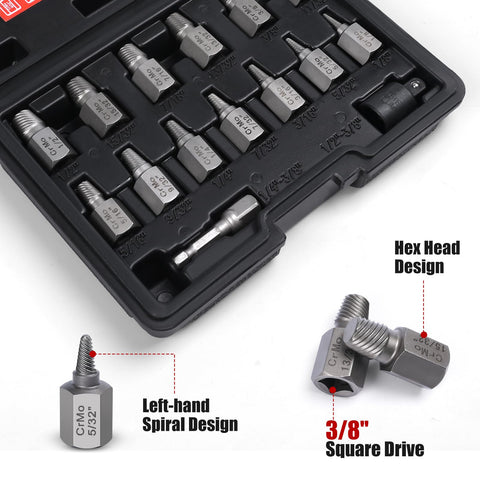Fifteen Piece Screw Extractor Set For Stripped Bolts And Rusted Screws With Three Eighths Inch Drive Hex Head Multi Spline Design