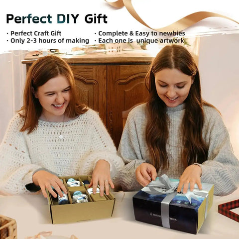 Two women unboxing Coastal Sea Resin Art Kit for teens and adults with UV light, all-inclusive for beginners DIY beach craft gift.