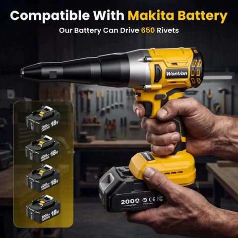 Cordless Electric Rivet Gun Kit With 20V Max Battery, Brushless High Torque Riveting Tool being held in a workshop setting