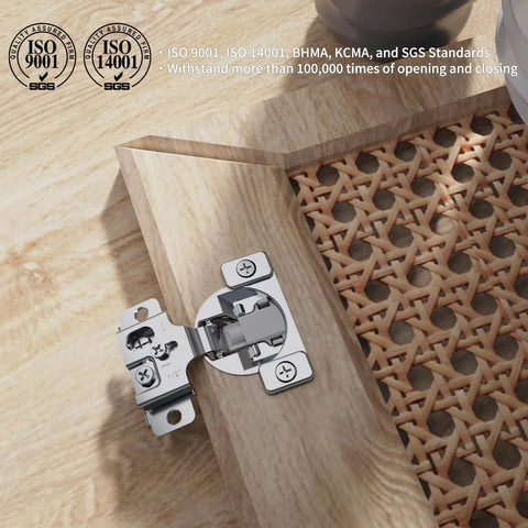 Chibery concealed hinge for face-frame cabinet doors, satin-nickel finish, 1/2-inch overlay, 105° swing, installed