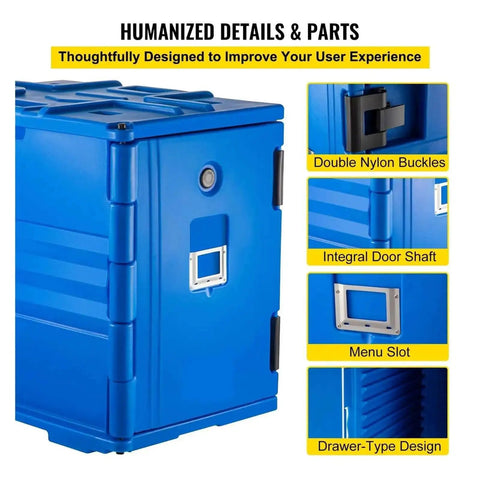 Blue insulated food pan carrier with wheeled front load design for catering and delivery, showing double nylon buckles and menu slot.