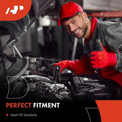 Mechanic working on car engine with focus on perfect fit and OE standards in garage setting.