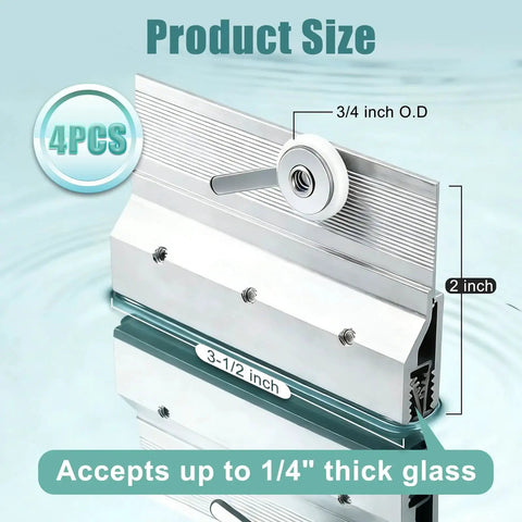 Close-up of Four Pack Frameless Shower Door Roller Top Bracket Assembly Three Quarter Inch Round Wheel With Ball Bearings Extruded Aluminum Chrome Finish Replacement Hardware Kit For Glass Sliding Doors showing product dimensions.
