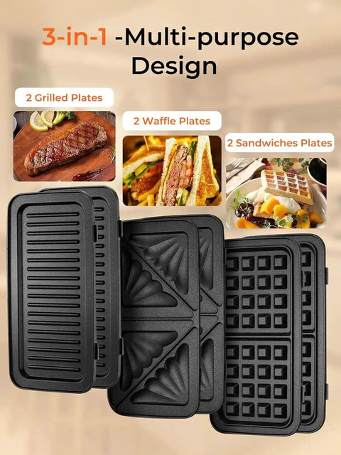 3-In-1 Sandwich And Waffle Maker With Removable Nonstick Plates showing interchangeable grill, waffle, and sandwich plates