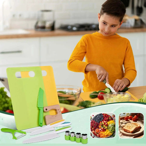Montessori Kitchen Tools For Toddlers 13 Piece Set With Kid Safe Knives Crinkle Cutter Peeler Cutting Boards Wooden Knives