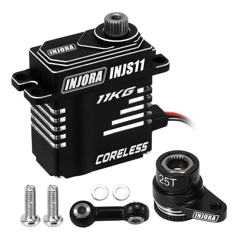 Black 25T Aluminum Servo Saver Set With INJS11 Replacement for RC cars, including components and screws, front view.