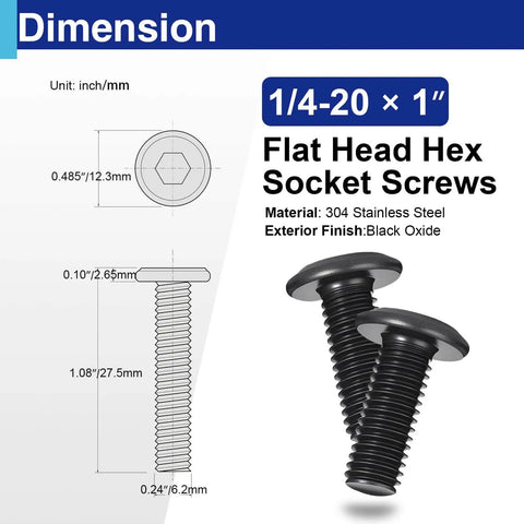 20 Pack Flat Head Socket Cap Screws Bolts 1 Inch Long 304 Stainless Steel Black Zinc Plated Finish with dimensions