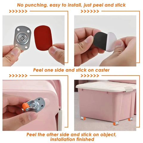 Installation steps for Self Adhesive Caster Wheels 0.75 Inch Oval Plate 360 Degree Swivel Nano Adhesive Bond Steel Plate 30 Lb Load Per Caster.