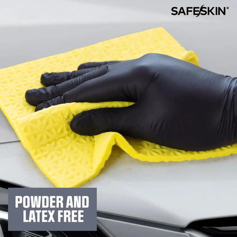 Ultralight Nitrile Gloves 2 Mil Black X-Large Powder Free Latex Free 100 Count wiping with yellow cloth