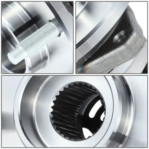 Front Wheel Bearing Hub Assembly With ABS Sensor Plug For Chevy Cobalt HHR Malibu Pontiac G6 Saturn Aura 2004 To 2012 Driver Or Passenger Side Bare Steel Replacement Ready To Bolt In close-up details.