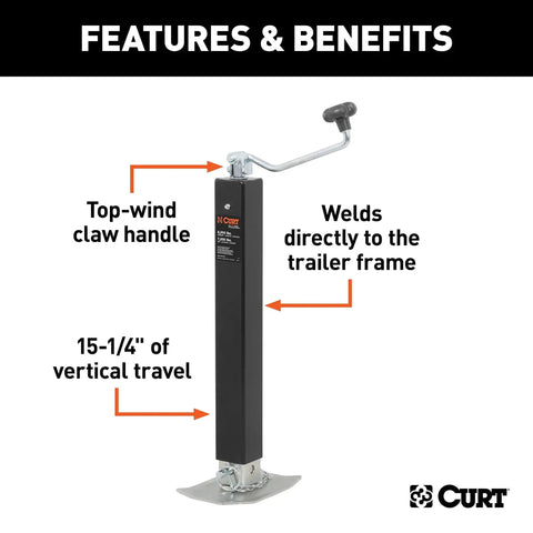 Features of the Direct Weld On Heavy Duty Trailer Jack 8000 Lb Capacity 15.25 In Travel with top-wind handle.
